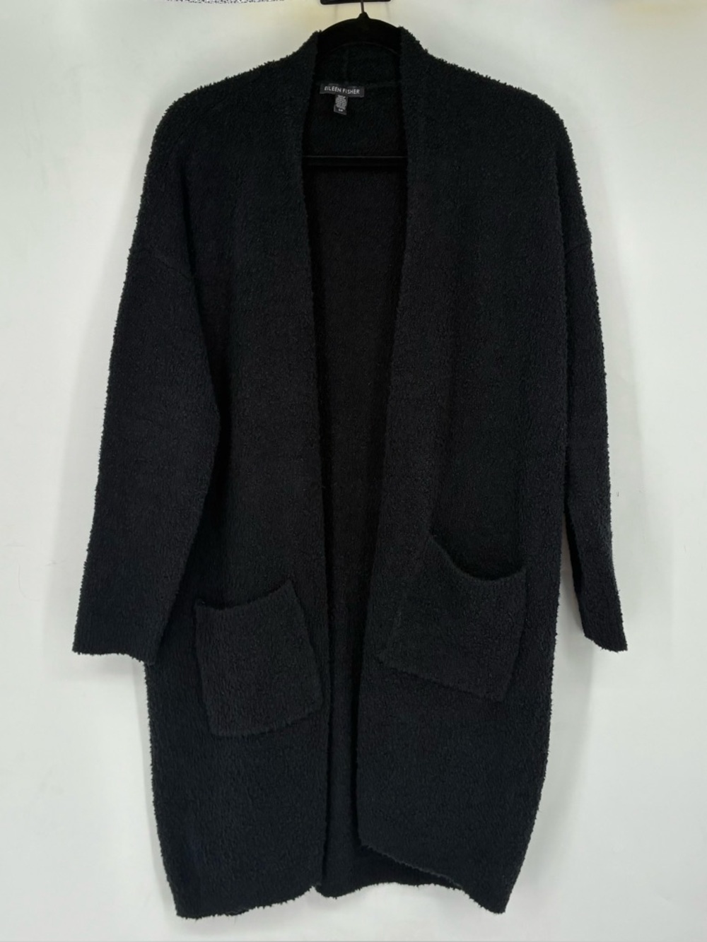 Eileen Fisher Small Organic Cotton Textured Open Cardigan Black Lagenlook Pocket
